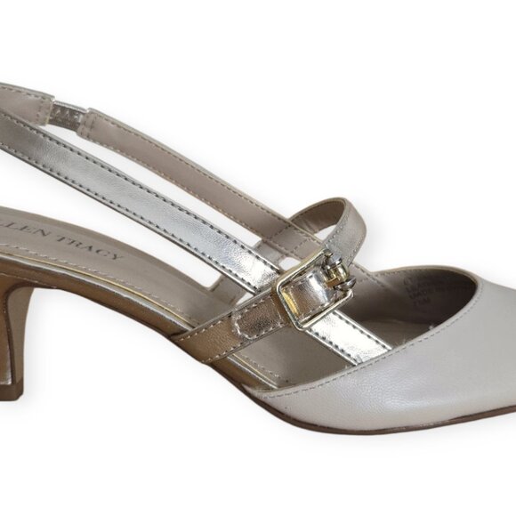 Ellen Tracy Bailey Beige Gold Slingback Kitten Heel Pump 7.5 - Picture 6 of 11